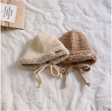 Cute Thickened Knit Wool Hat with Strap | Embroidered Cap