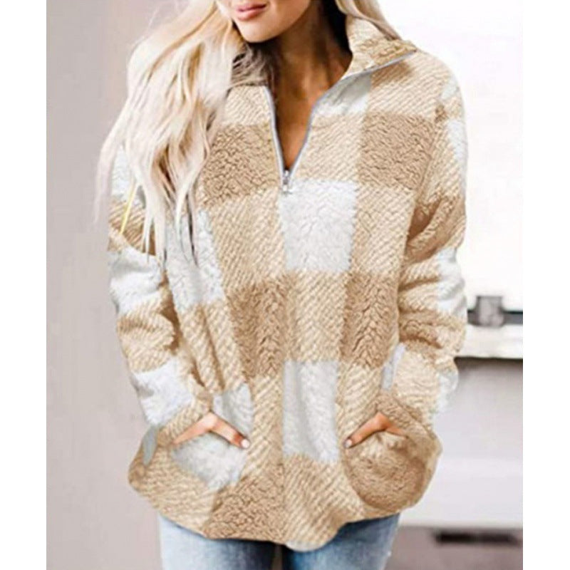Oversized Plush Coat with Stand Collar and Plaid Design