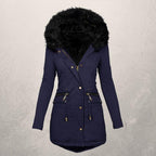 Medium Length Hooded Cotton Padded Jacket with Wool Collar