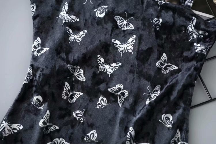 Black Velvet Butterfly Print Slim Fit Cami Dress