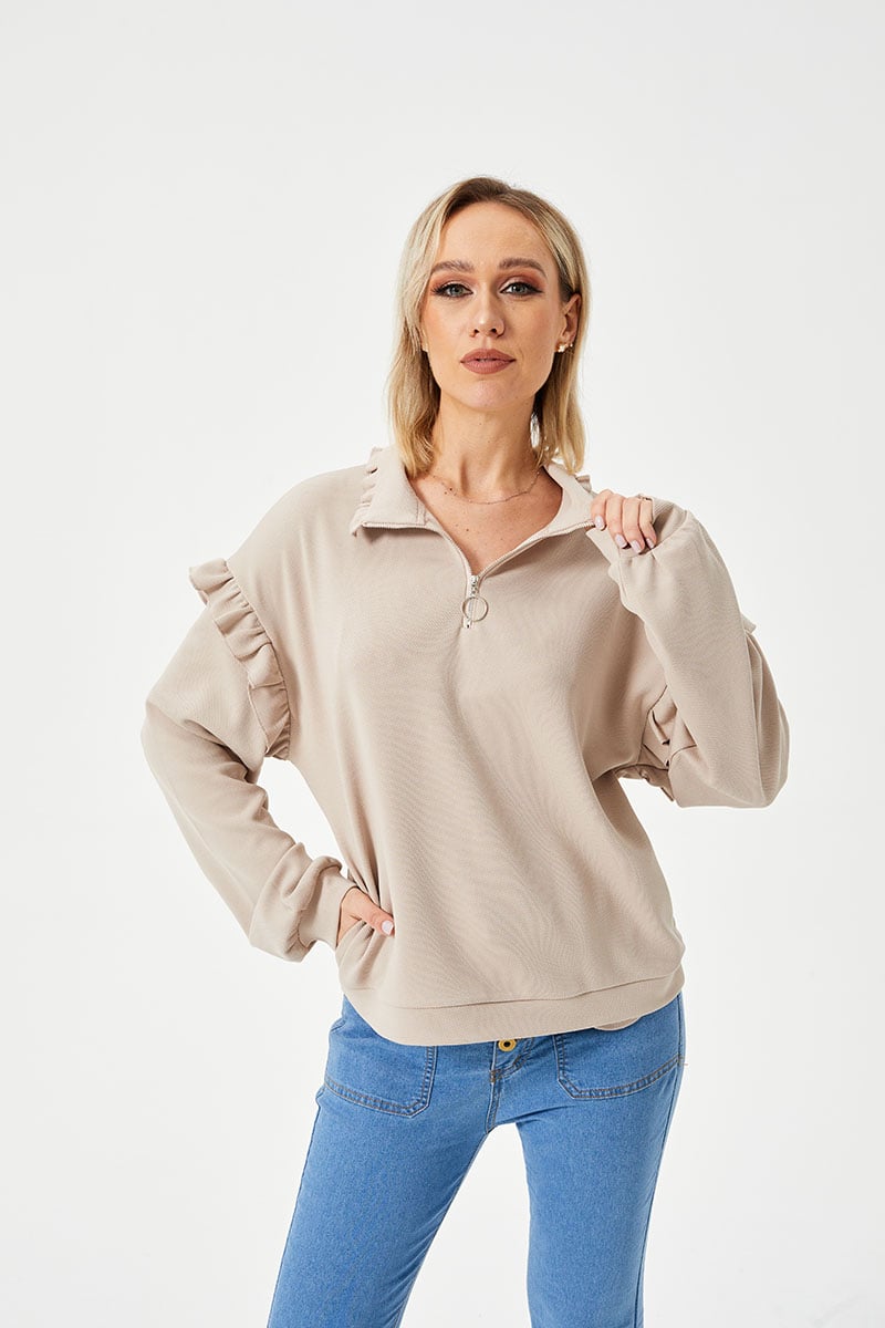 Casual Ruffle Trim Half Zip Sweatshirt for Women | Streetwear