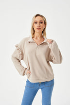 Casual Ruffle Trim Half Zip Sweatshirt for Women | Streetwear