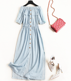 European Style Women's Off-Shoulder Button Dress