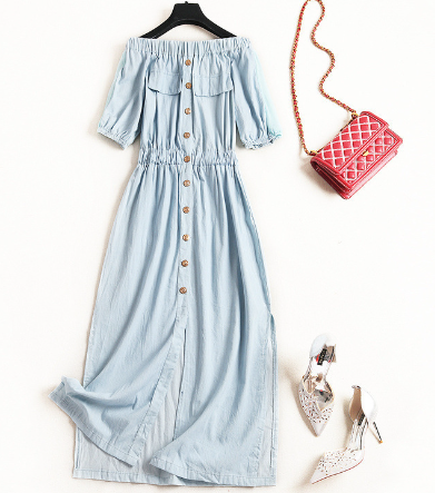 European Style Women's Off-Shoulder Button Dress