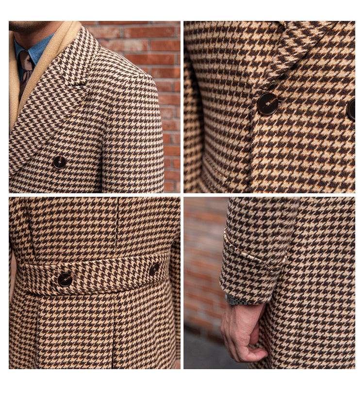 Men's Houndstooth Double-Breasted Long Polo Coat