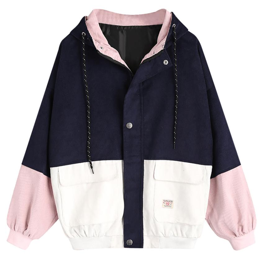 Korean College Style Color Block Hooded Jacket for Women