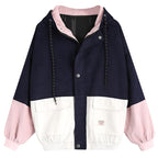 Korean College Style Color Block Hooded Jacket for Women
