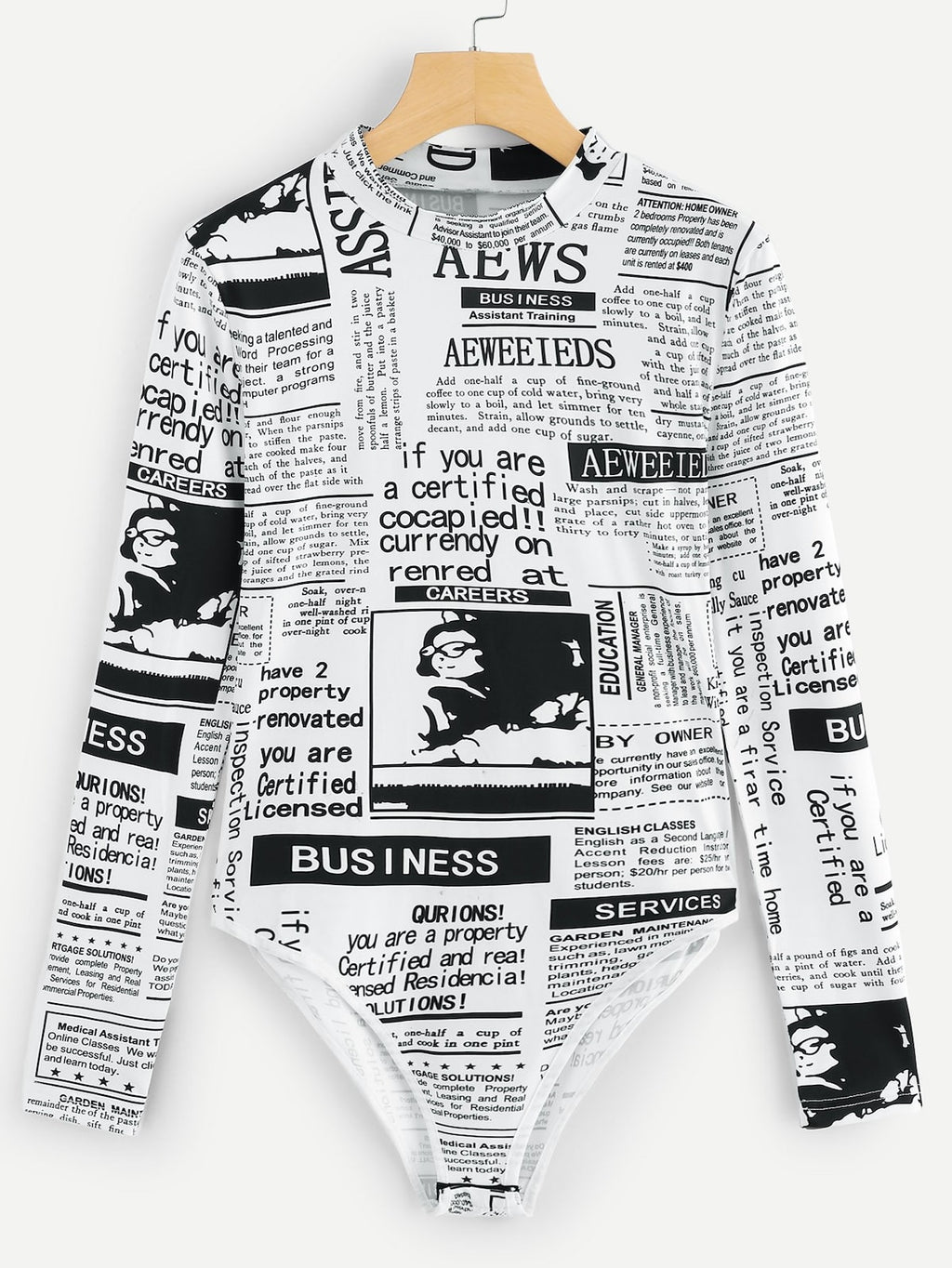 Printed Stand Collar Bodysuit with Long Sleeves