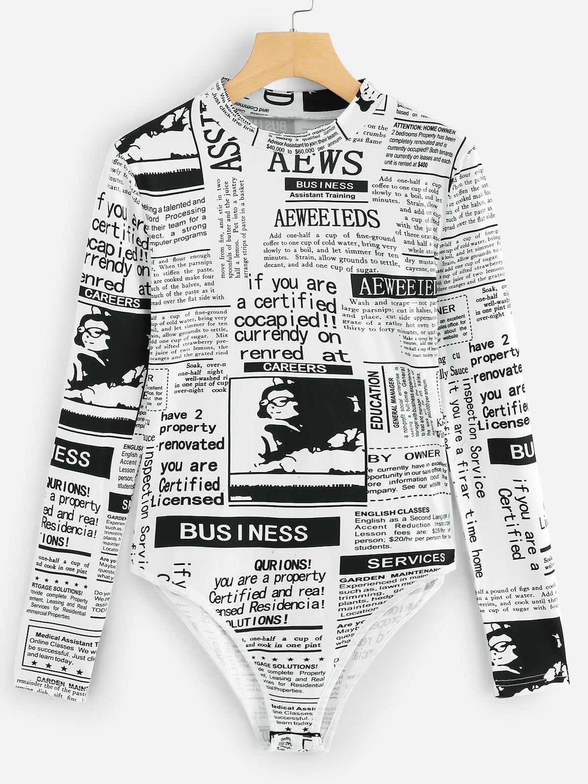 Printed Stand Collar Bodysuit with Long Sleeves