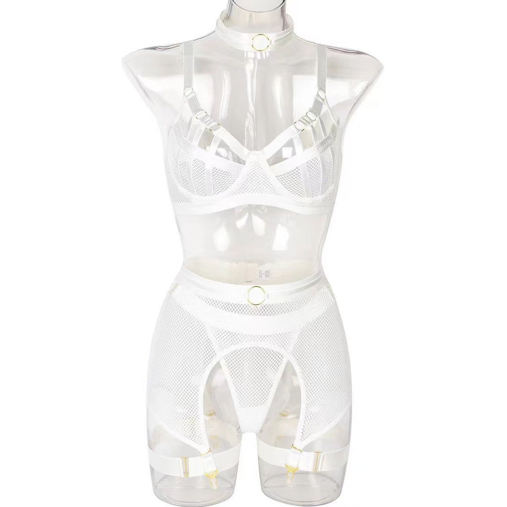 Fashionable Hollow Lace Lingerie Set with Metal Accents