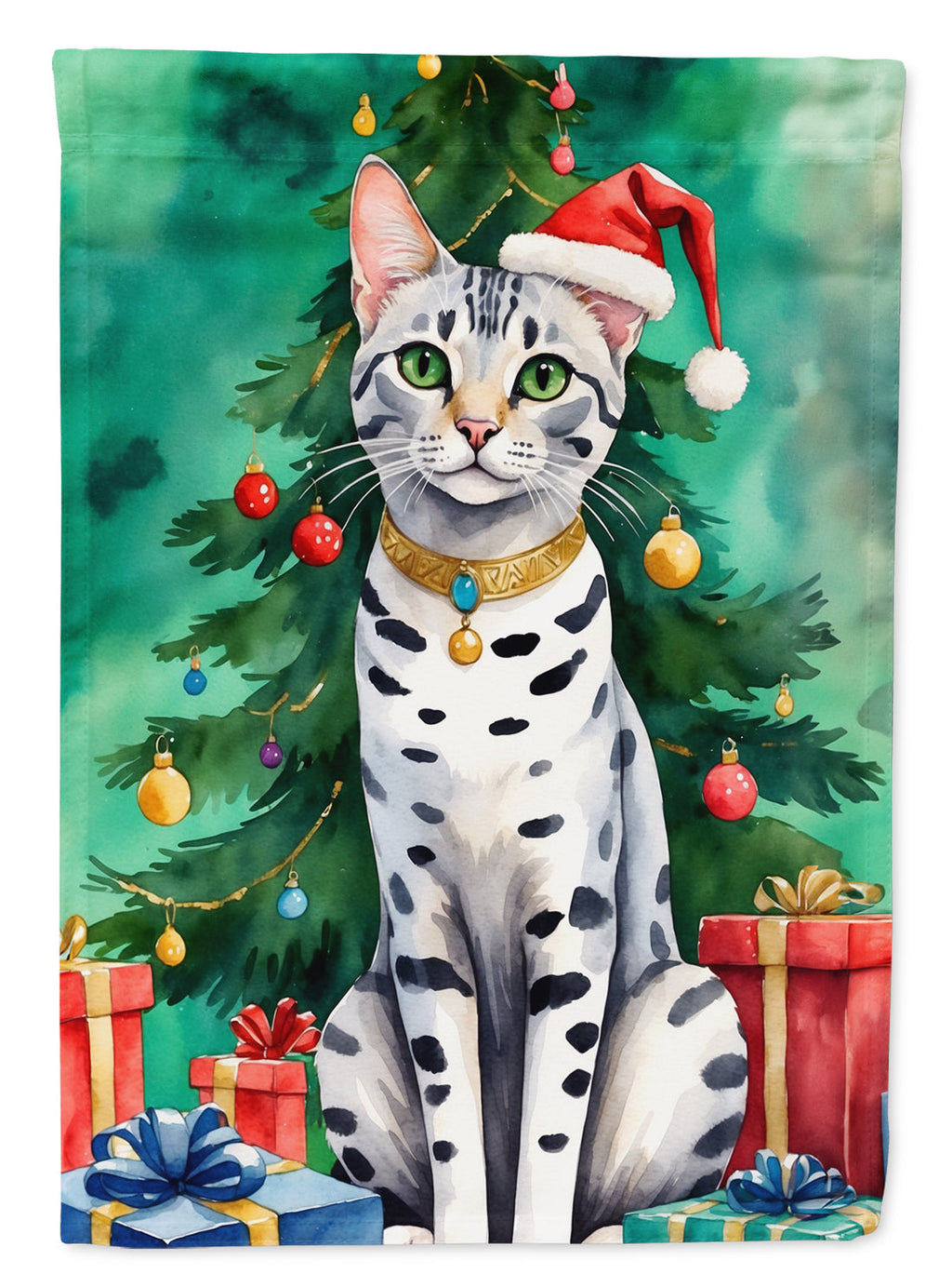 Egyptian Mau Cat By the Christmas Tree Garden Flag