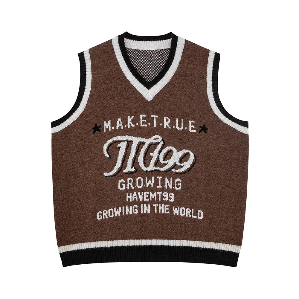 Men's Casual V-neck Letter Sweater Vest Knitwear