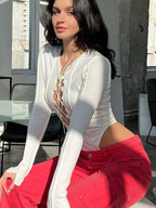 Fashionable Women's V-Neck Hollow-Out Long Sleeve Bodysuit