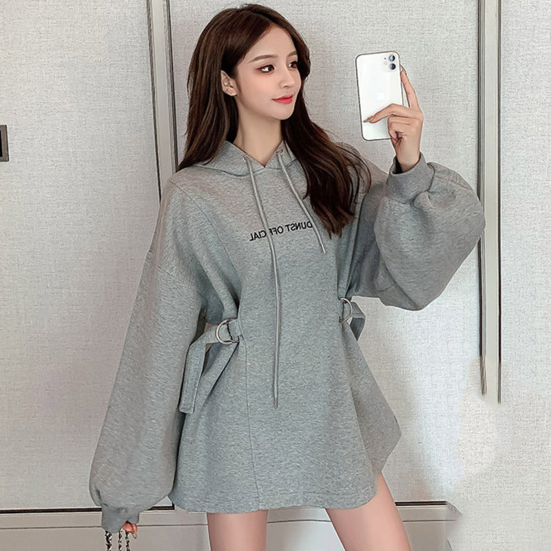 Women's Velvet Puff Sleeve Hooded Sweatshirt with Belt | Streetwear