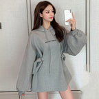 Women's Velvet Puff Sleeve Hooded Sweatshirt with Belt | Streetwear