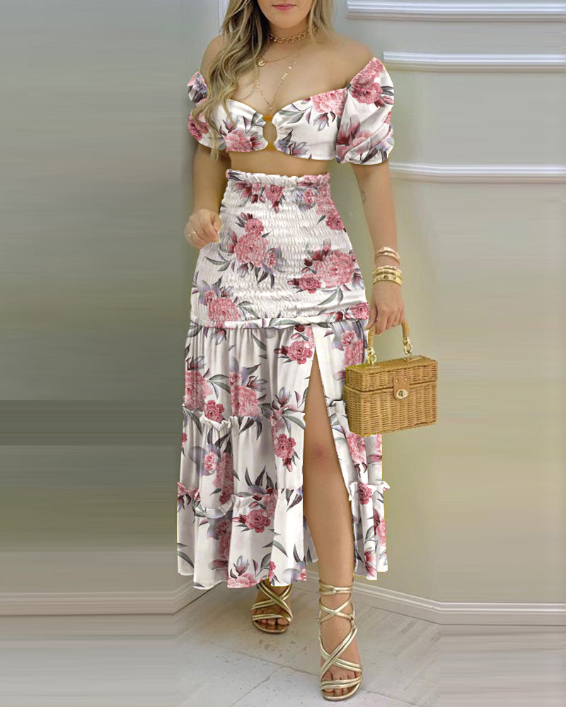 Floral Print Crop Top and High Waist Maxi Skirt Set