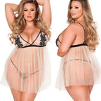 Plus Size Embroidered Lace Thong Babydoll Nightgown