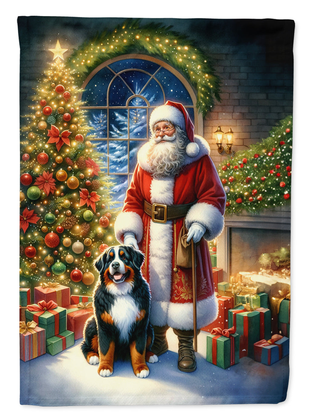 Bernese Mountain Dog and Santa Claus House Flag