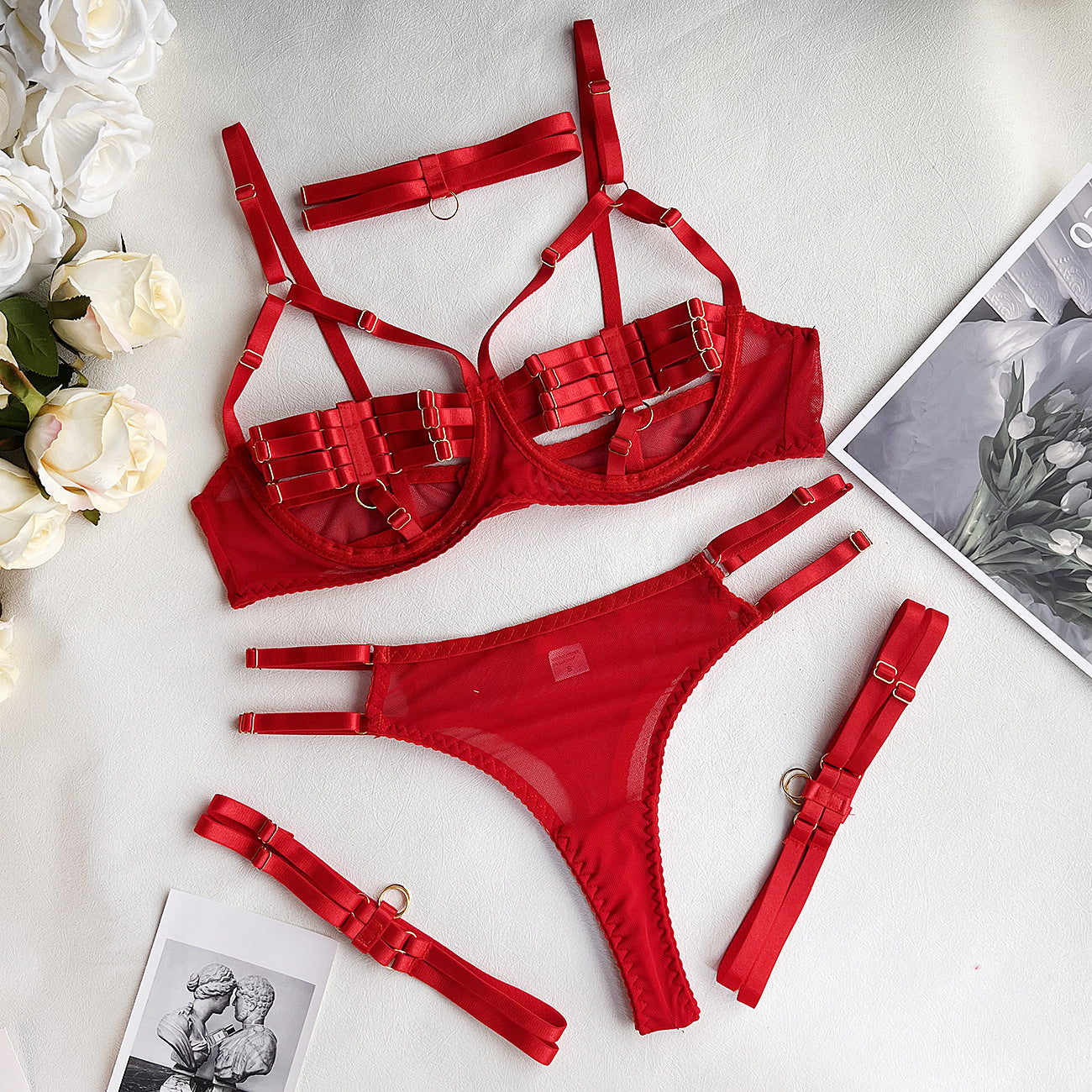 Fashionable Lace-Up Lingerie Set with Complex Design