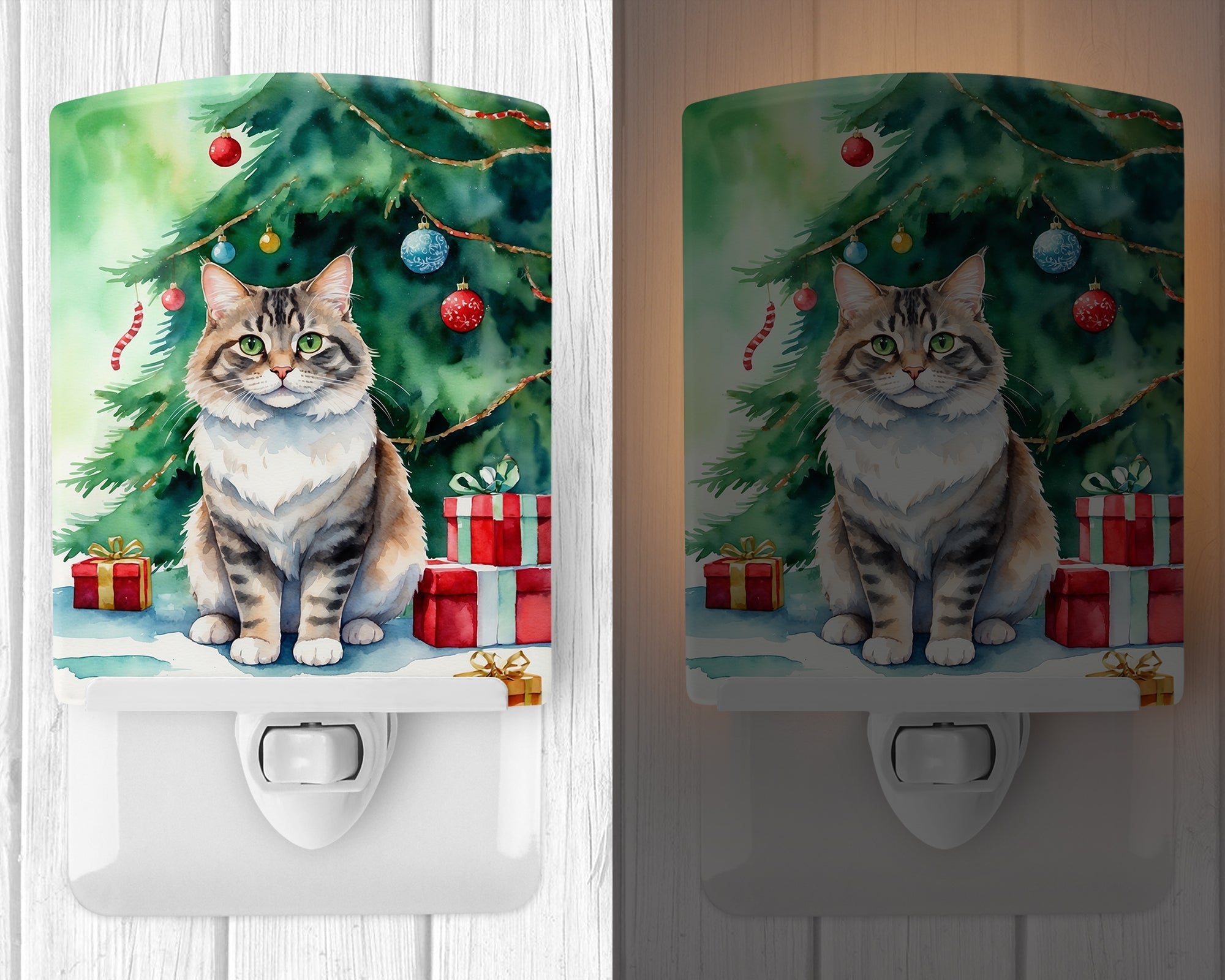 Kurilian Bobtail Cat By the Christmas Tree Ceramic Night Light