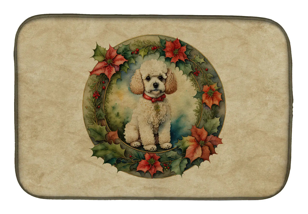 Poodle Christmas Flowers Dish Drying Mat