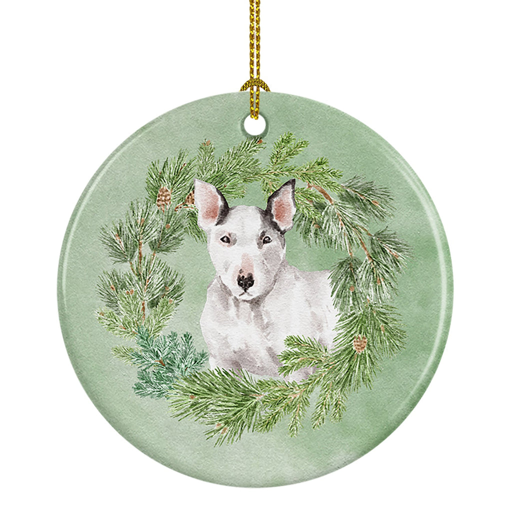 Bull Terrier White Christmas Wreath Ceramic Ornament
