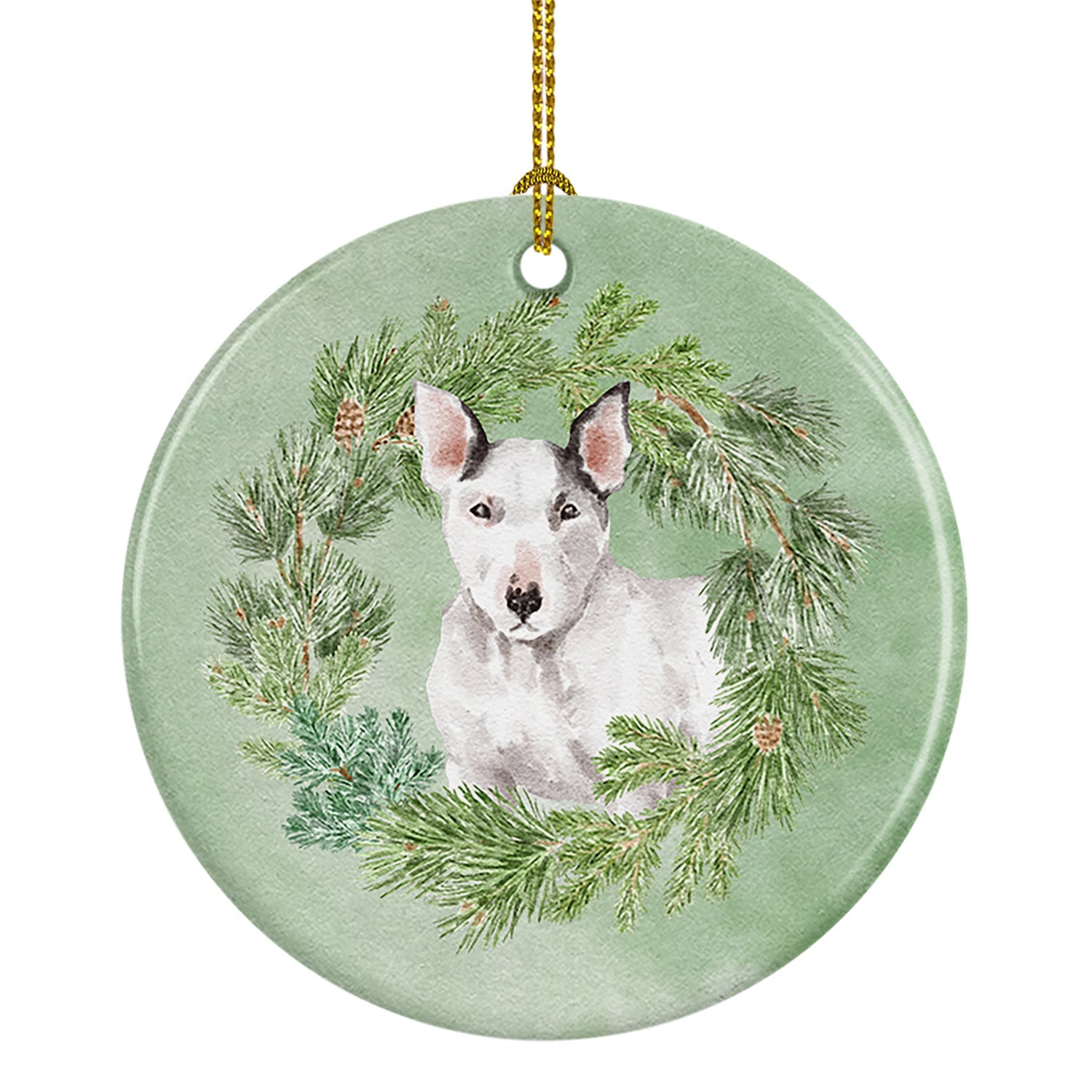 Bull Terrier White Christmas Wreath Ceramic Ornament