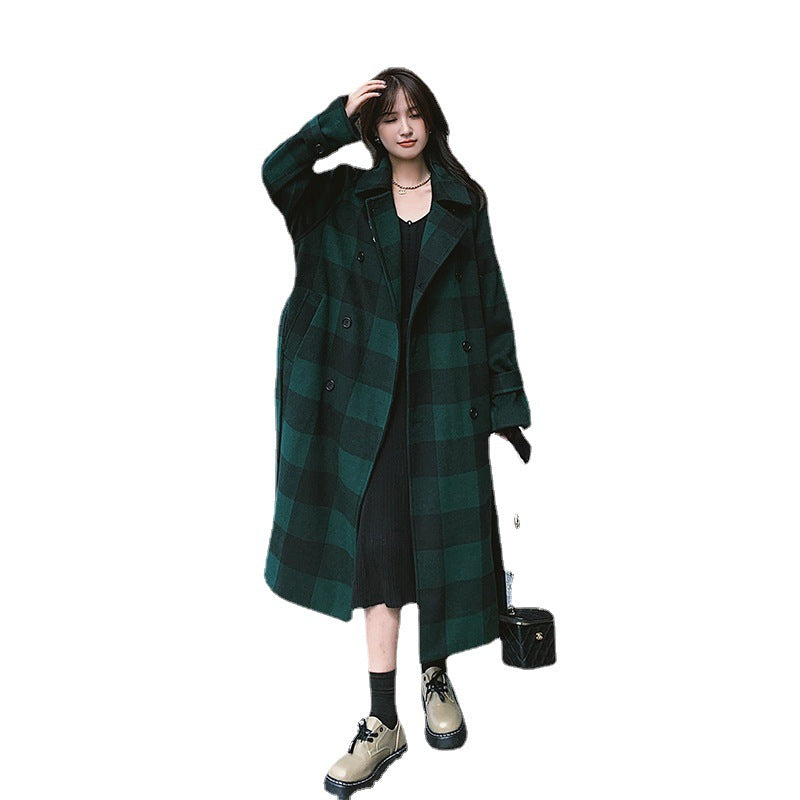 Lightweight French Green Plaid Woolen Coat, Slim Fit