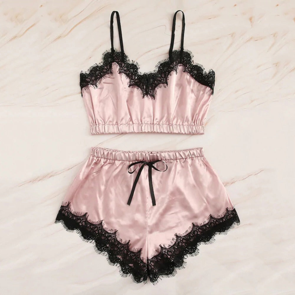 Lace Lingerie Set with Crop Top and Shorts (Two Pieces)