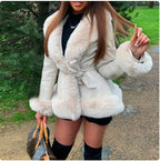 Women's Stylish Fur Collar Lace-Up Leather Coat
