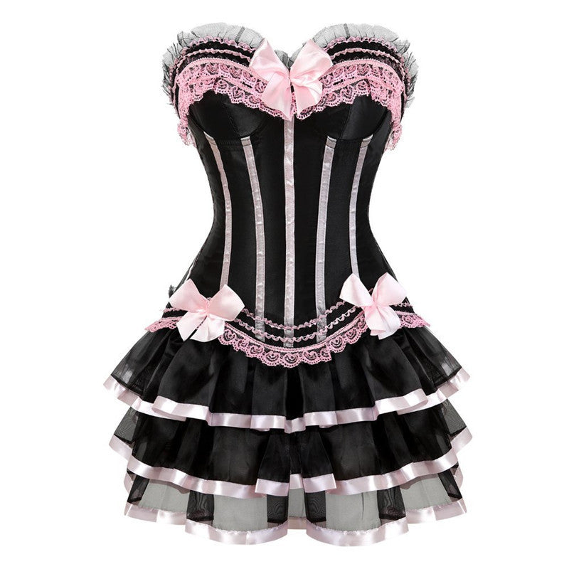 Striped Body Shaping Lingerie Set with Lace Skirt