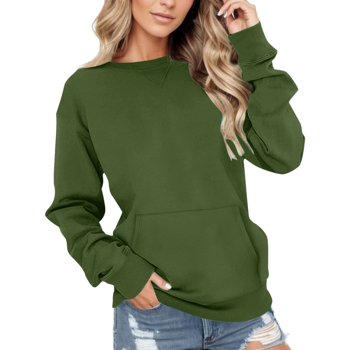 Solid Color Long Sleeve Pocket Hoodie with Round Neck | Streetwear