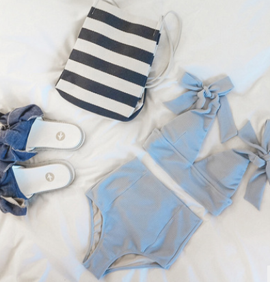 Blue Gray Deep V High Waist Bikini for Women