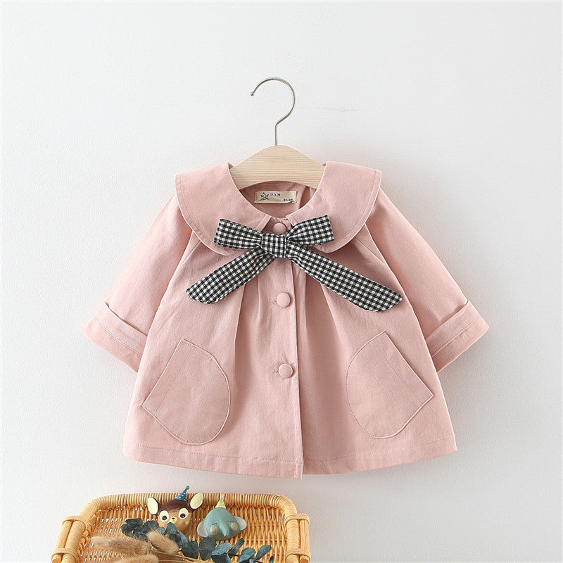 Girls' Solid Color Plaid Bow Tie Jacket for Kids