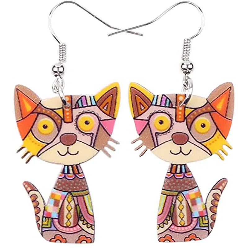 Colorful Painted Cat Drop Earrings