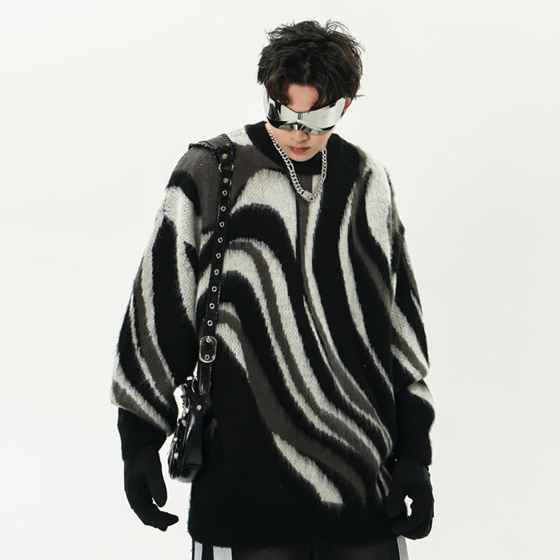 Zebra Pattern Hema Wool Round Neck Sweater for Men