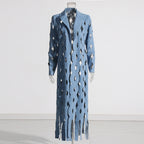 Women's Hollow-out Twisted Tassel Long Denim Cardigan