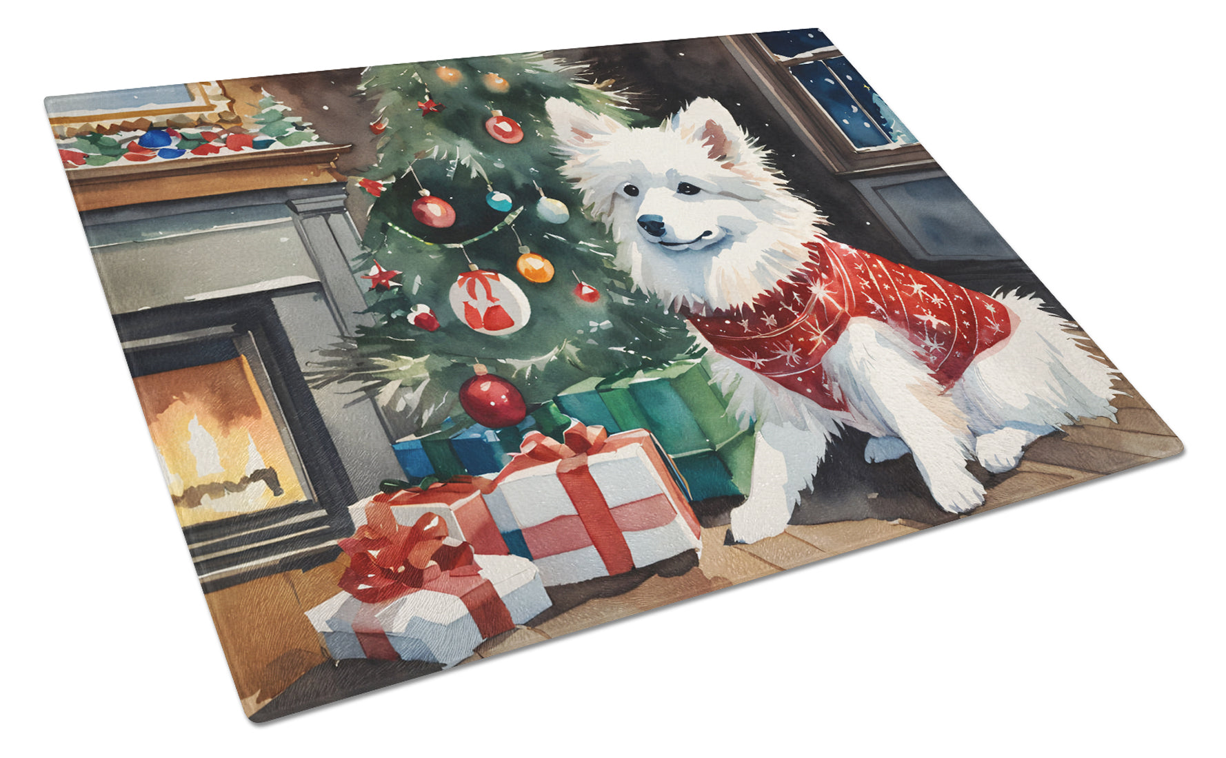 American Eskimo Cozy Christmas Glass Cutting Board