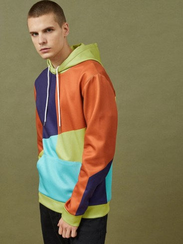 Color Block Printed Long Sleeve Hooded Sweatshirt for Men | Streetwear