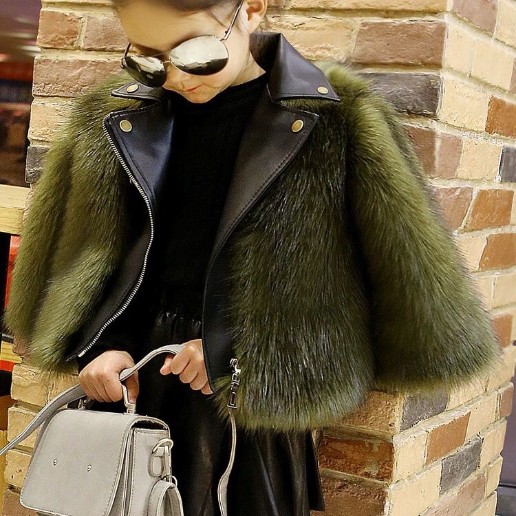 Children's Faux Fox Fur Coat - Casual Military Green