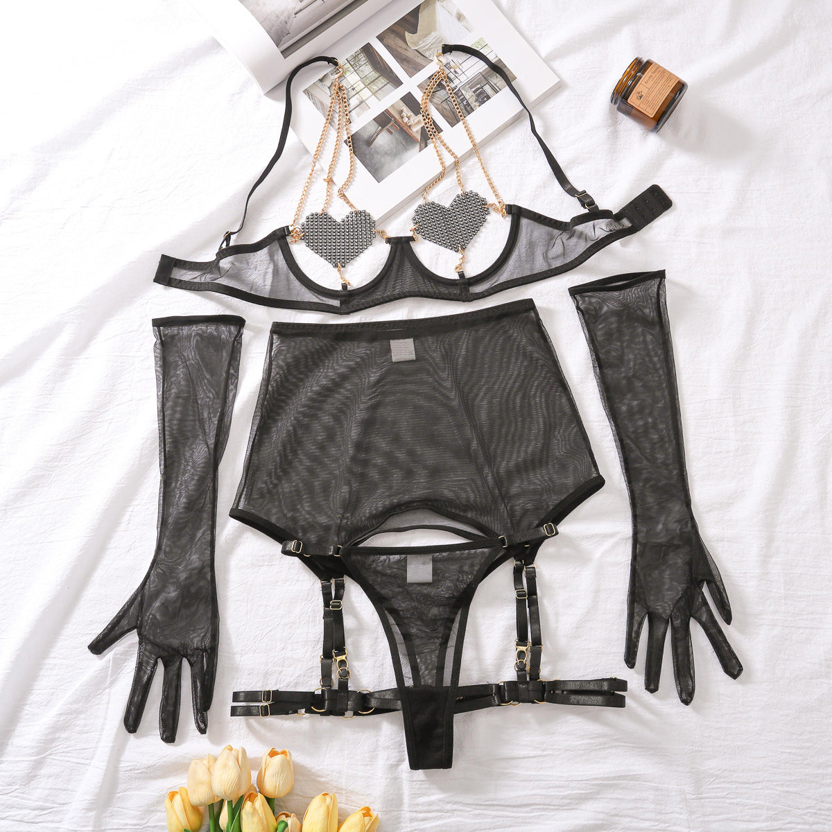 Sexy Sheer Lingerie Set with Heart Chains (5 Pieces)