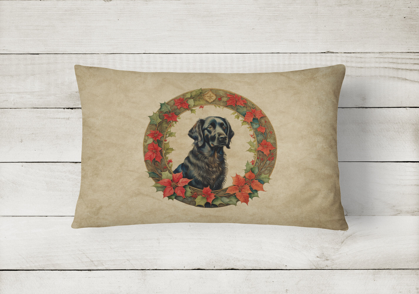 Flat-Coated Retriever Christmas Flowers Throw Pillow