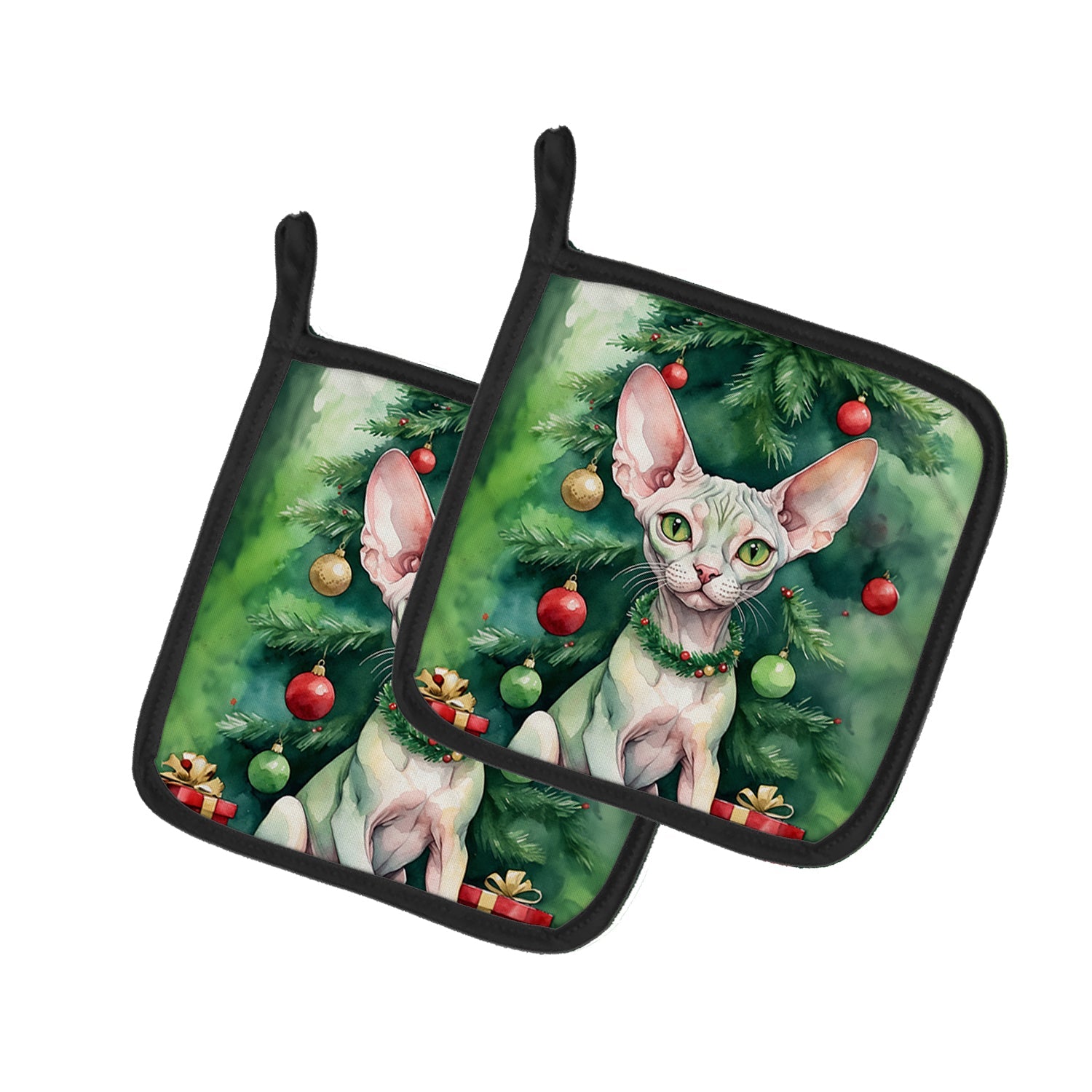 Minskin Cat By the Christmas Tree Pair of Pot Holders