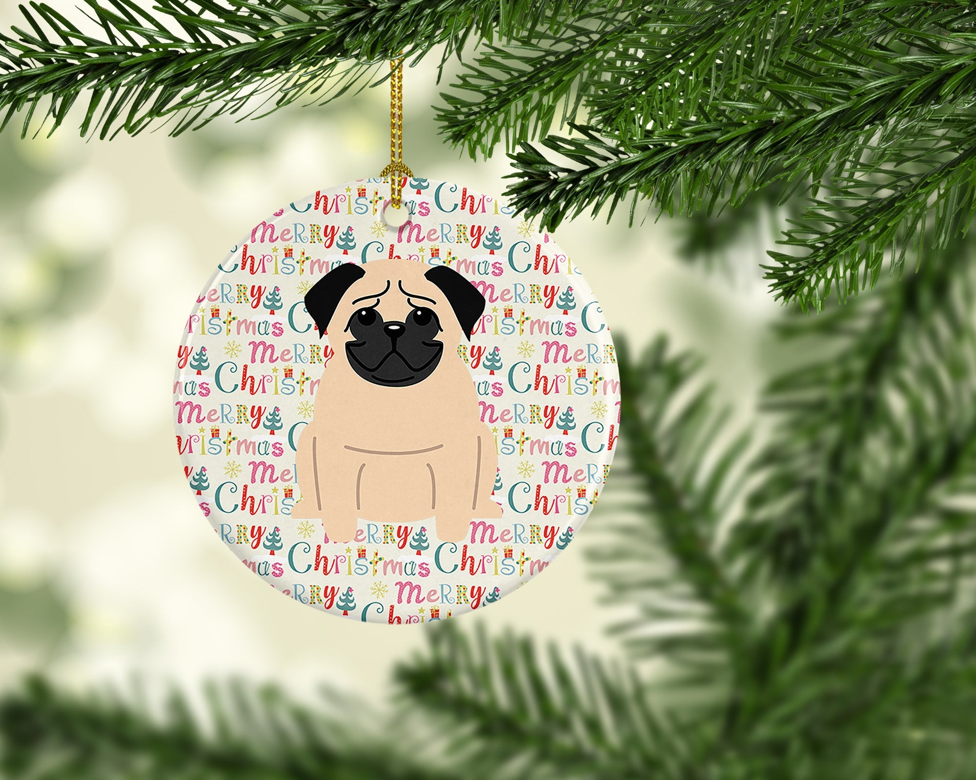 Merry Christmas Pug Fawn Ceramic Ornament
