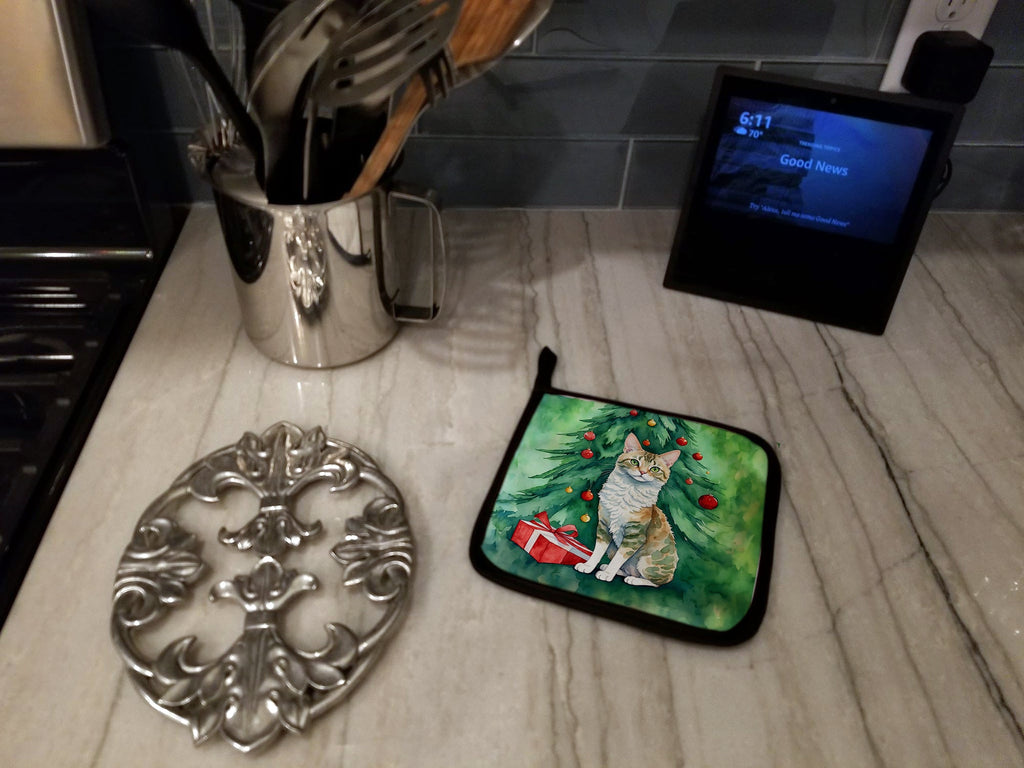 Oregon Rex Cat By the Christmas Tree Pair of Pot Holders