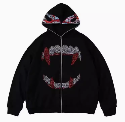 Punk Y2K Gothic Rhinestone Zip Up Hoodie Sweatshirt | Streetwear