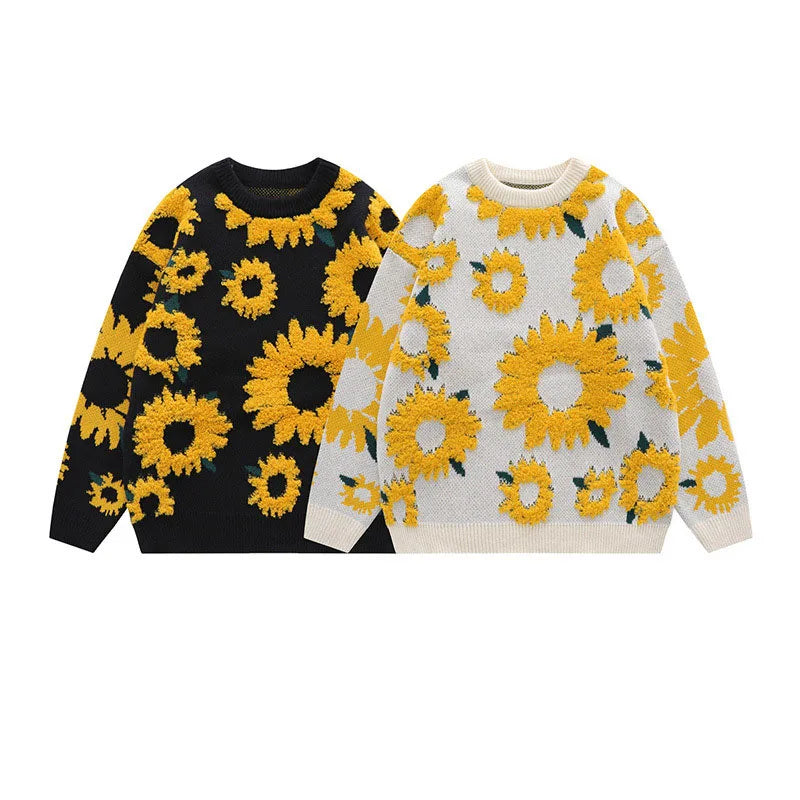 Couples Oversize Knit Sweater with Chrysanthemum Print