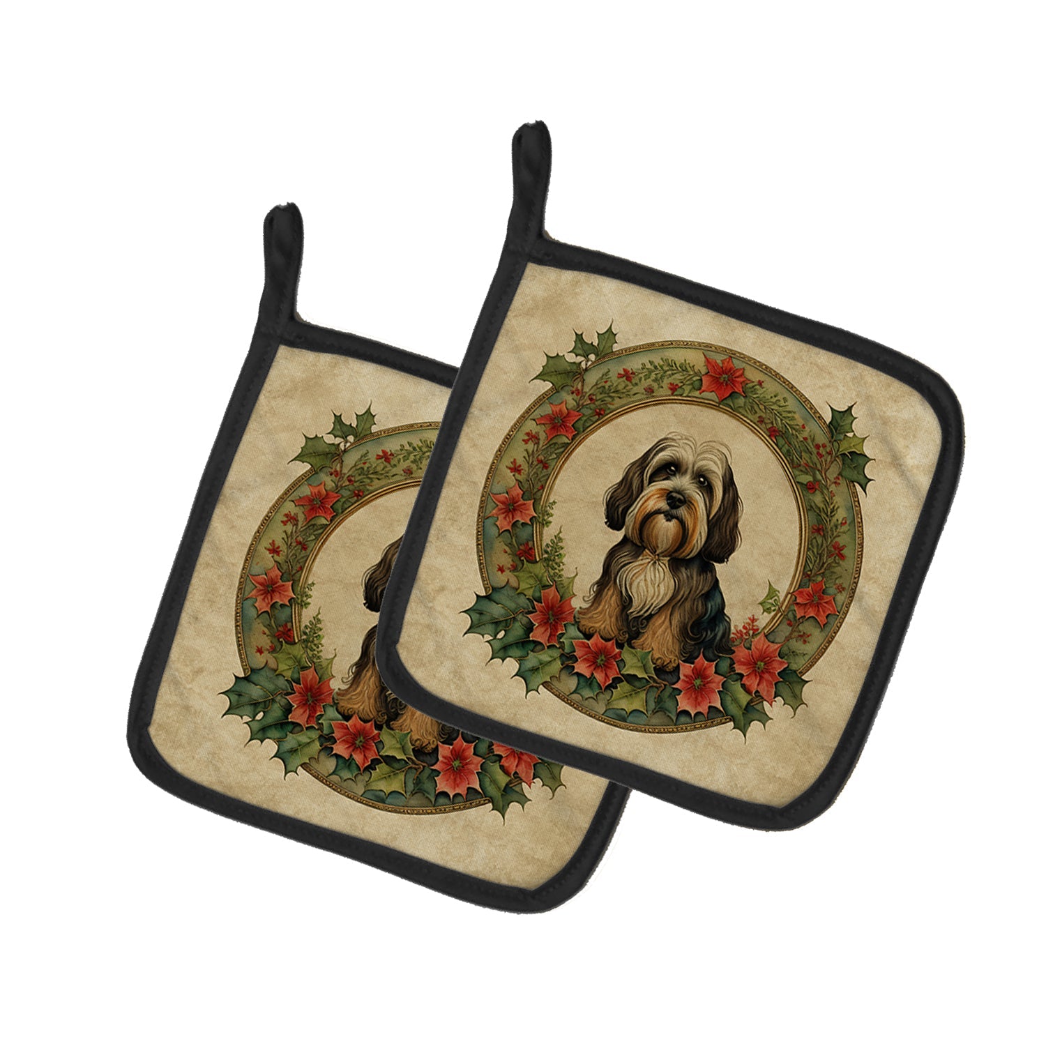 Tibetan Terrier Christmas Flowers Pair of Pot Holders