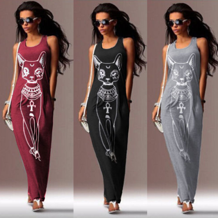 Sleeveless Gray Long Dress with Cat Print