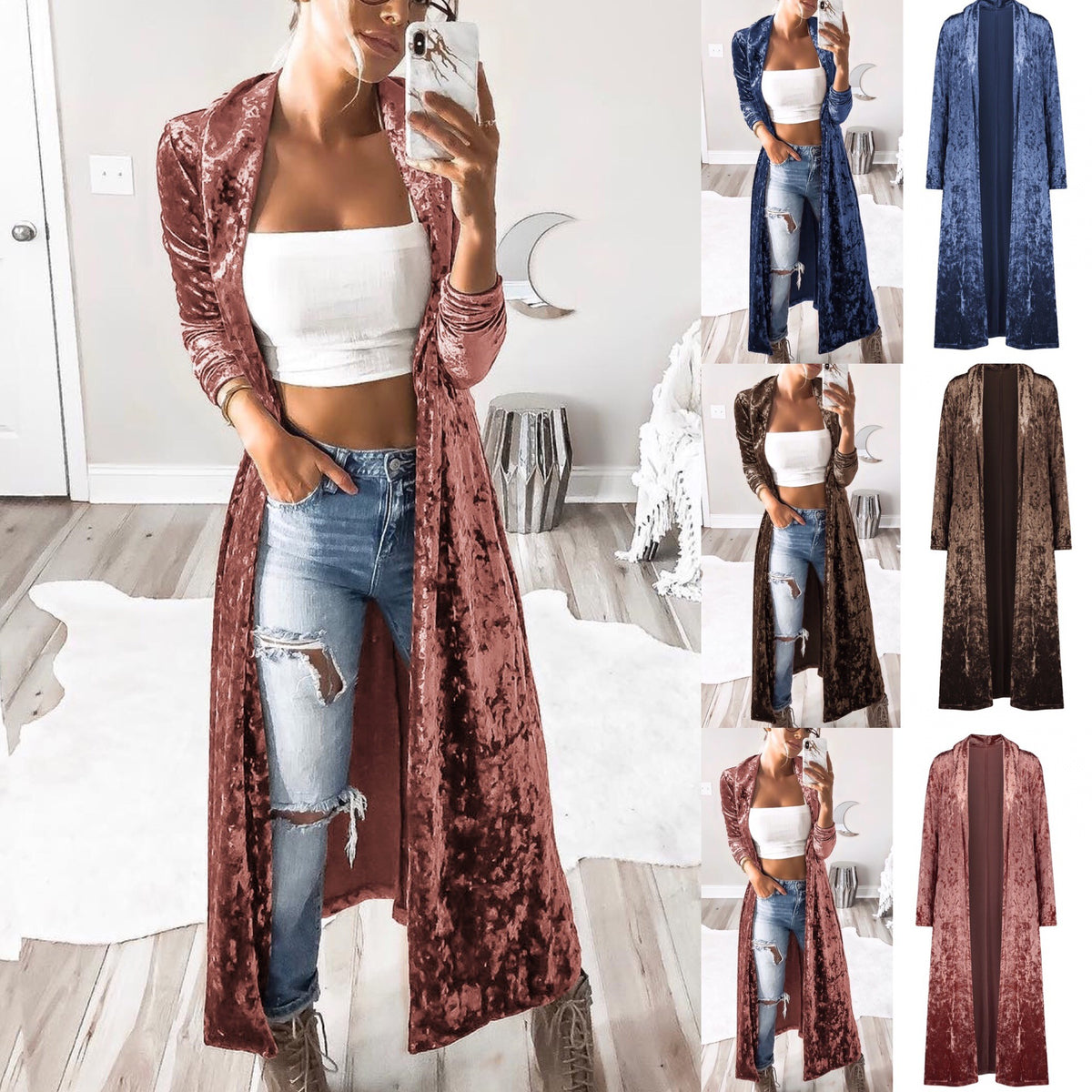 Long Sleeve Velvet Cardigan Windbreaker for Women